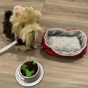 American Girl Tan and Black Plush Yorkie with Red Paw-Print Bed and Silver Bowl